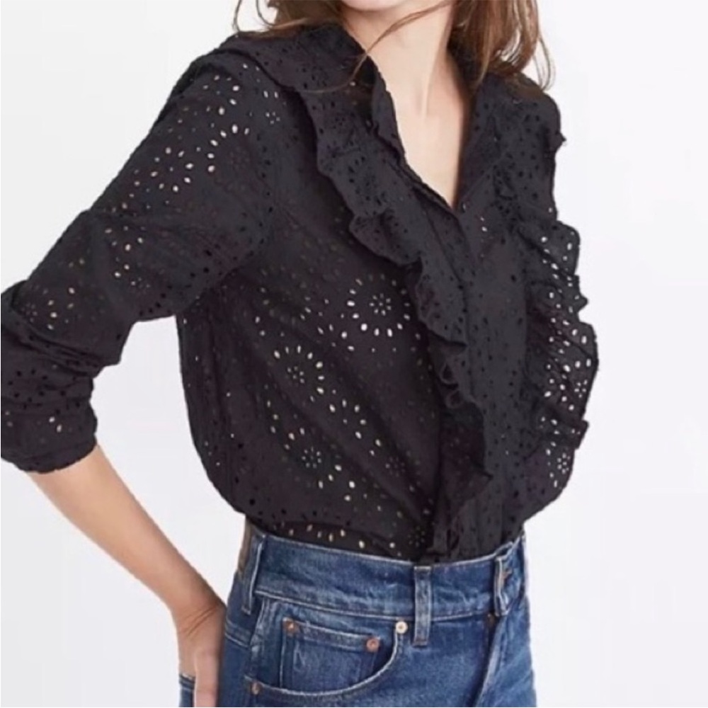 Madewell Black Eyelet Ruffle Front Blouse Size M Sheer Feminine Button Front Top